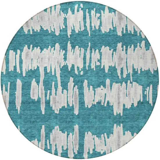 8' Teal Blue And Gray Round Striped Washable Indoor Outdoor Area Rug Photo 6