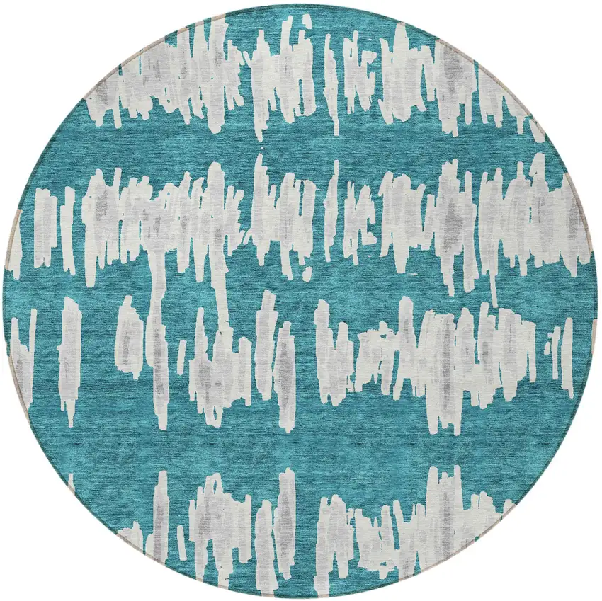 8' Teal Blue And Gray Round Striped Washable Indoor Outdoor Area Rug Photo 6