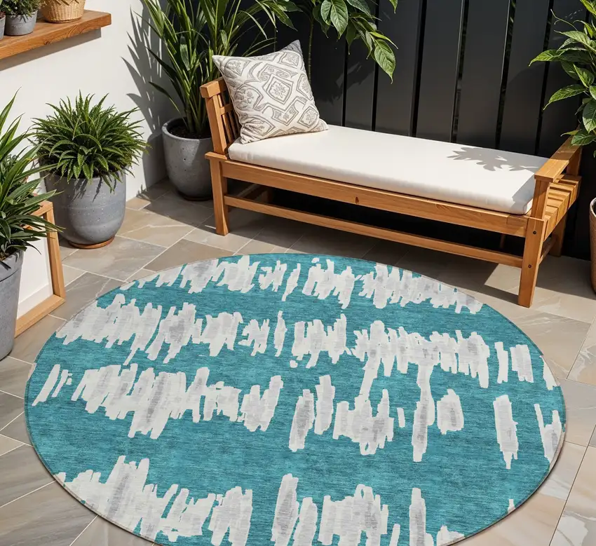 8' Teal Blue And Gray Round Striped Washable Indoor Outdoor Area Rug Photo 1