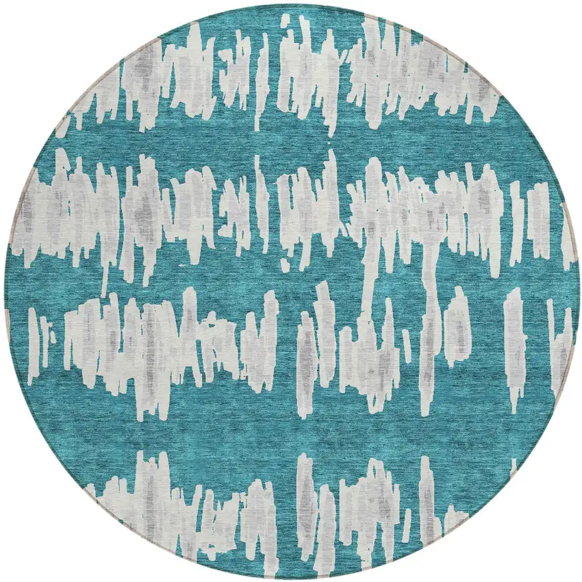 8' Teal Blue And Gray Round Striped Washable Indoor Outdoor Area Rug Photo 2