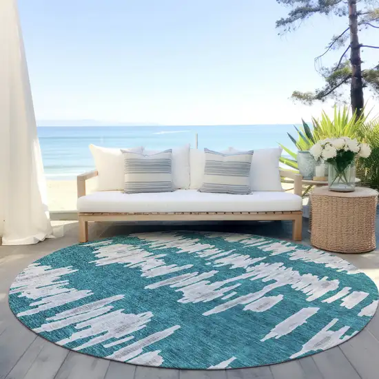 8' Teal Blue And Gray Round Striped Washable Indoor Outdoor Area Rug Photo 7