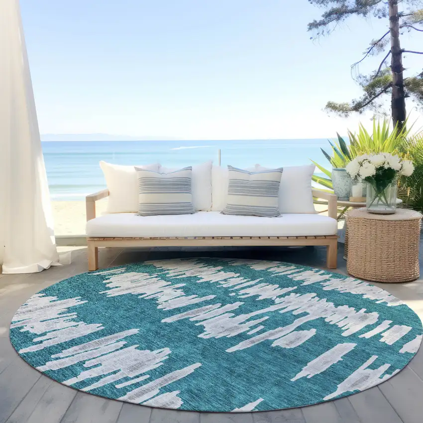 8' Teal Blue And Gray Round Striped Washable Indoor Outdoor Area Rug Photo 7
