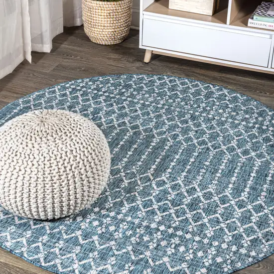 6' Teal Blue And Gray Round Trellis Indoor Outdoor Area Rug Photo 4