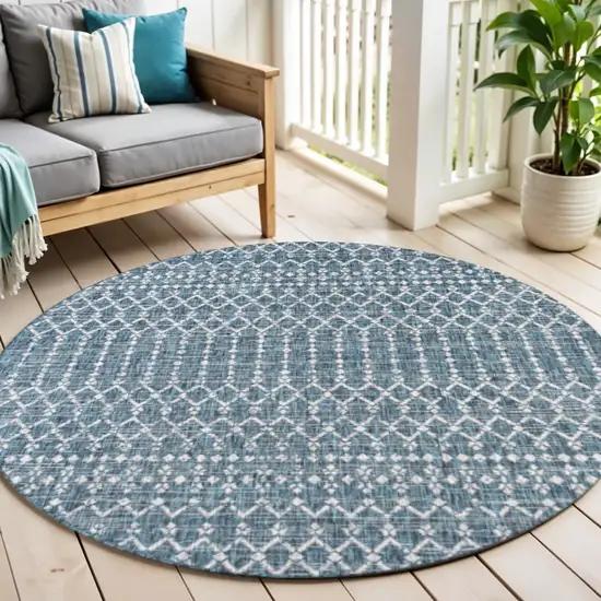 6' Teal Blue And Gray Round Trellis Indoor Outdoor Area Rug Photo 1