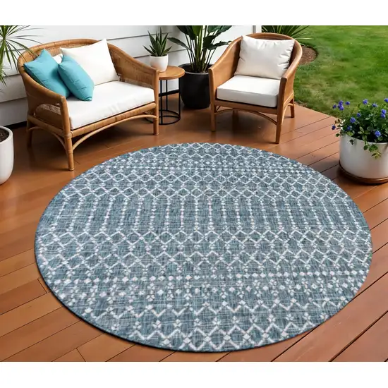 8' Teal Blue And Gray Round Trellis Indoor Outdoor Area Rug Photo 1