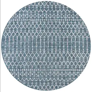 Photo of 8' Teal Blue And Gray Round Trellis Indoor Outdoor Area Rug