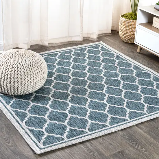 4' Teal Blue And Gray Square Geometric Indoor Outdoor Area Rug Photo 4