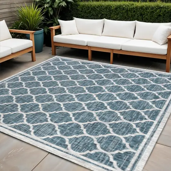 4' Teal Blue And Gray Square Geometric Indoor Outdoor Area Rug Photo 1