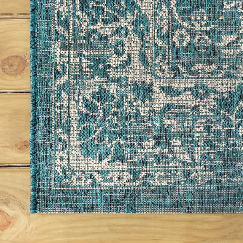4' Teal Blue And Gray Square Medallion Indoor Outdoor Area Rug Photo 9