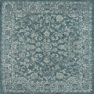 Photo of 5' Teal Blue And Gray Square Medallion Indoor Outdoor Area Rug
