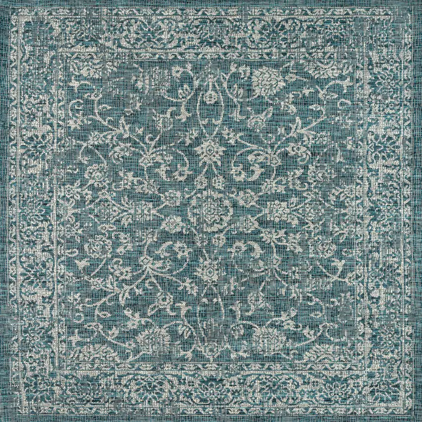 5' Teal Blue And Gray Square Medallion Indoor Outdoor Area Rug Photo 1