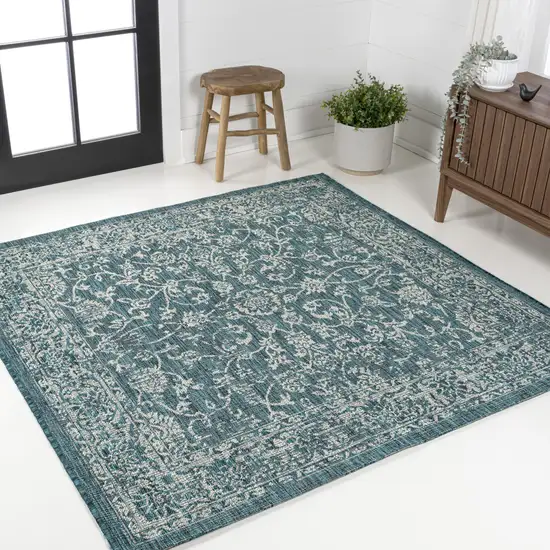 5' Teal Blue And Gray Square Medallion Indoor Outdoor Area Rug Photo 4