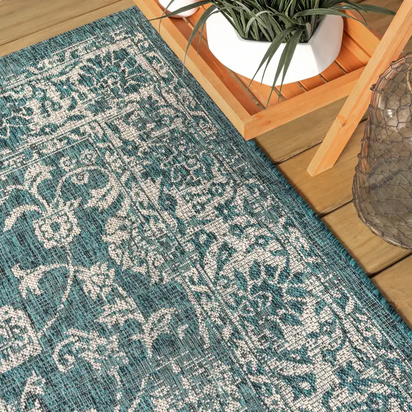 6' Teal Blue And Gray Square Medallion Indoor Outdoor Area Rug Photo 8