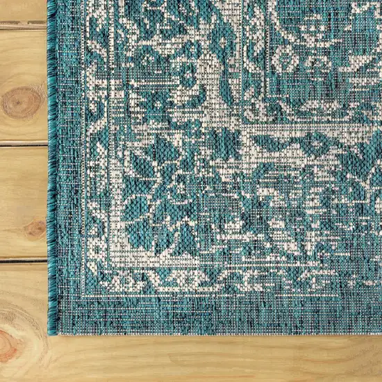 6' Teal Blue And Gray Square Medallion Indoor Outdoor Area Rug Photo 9
