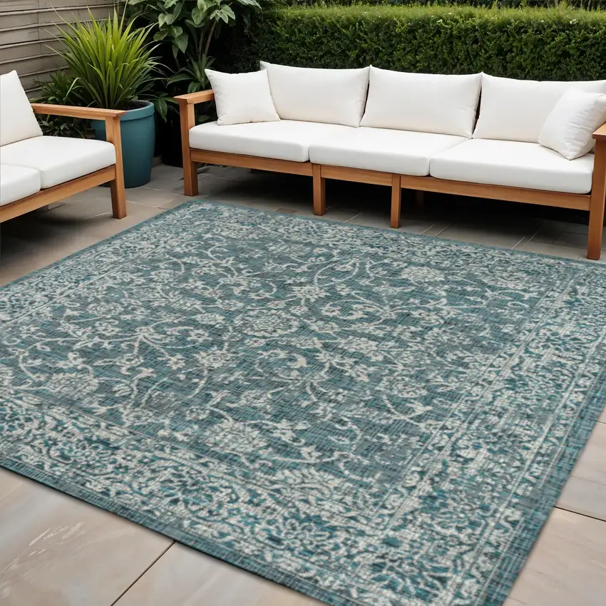 6' Teal Blue And Gray Square Medallion Indoor Outdoor Area Rug Photo 1