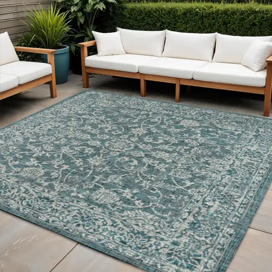 9' Teal Blue And Gray Square Medallion Indoor Outdoor Area Rug Photo 1