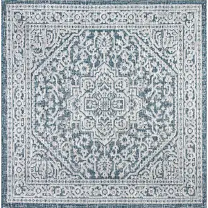 Photo of 6' Teal Blue And Gray Square Medallion Indoor Outdoor Area Rug