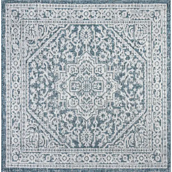 6' Teal Blue And Gray Square Medallion Indoor Outdoor Area Rug Photo 1