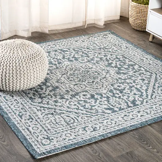 6' Teal Blue And Gray Square Medallion Indoor Outdoor Area Rug Photo 4