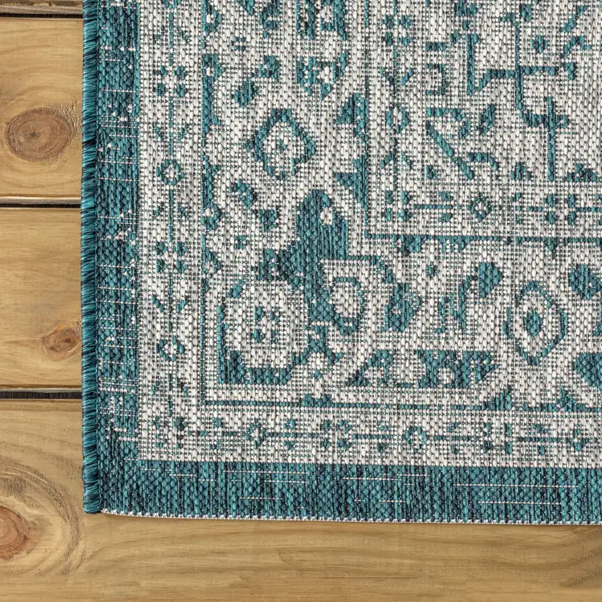 8' Teal Blue And Gray Square Medallion Indoor Outdoor Area Rug Photo 8