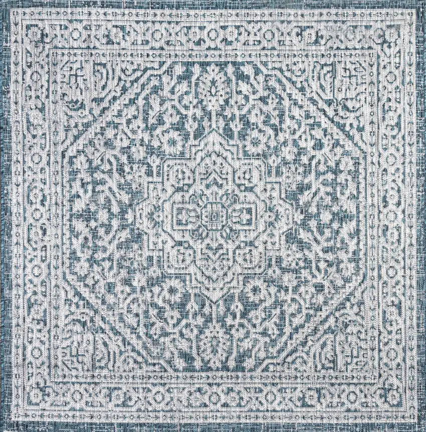 9' Teal Blue And Gray Square Medallion Indoor Outdoor Area Rug Photo 1