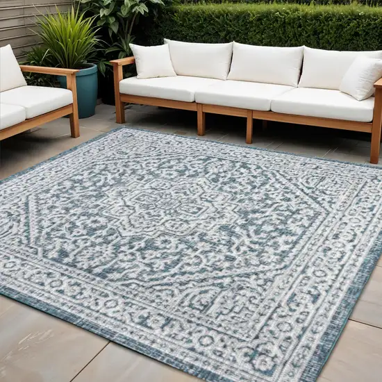 9' Teal Blue And Gray Square Medallion Indoor Outdoor Area Rug Photo 1