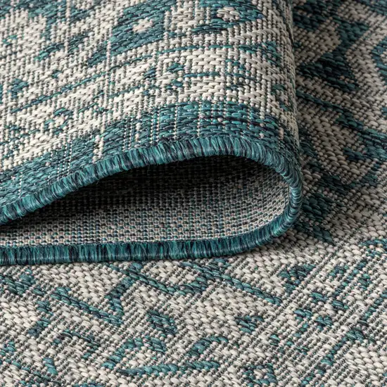 9' Teal Blue And Gray Square Medallion Indoor Outdoor Area Rug Photo 9