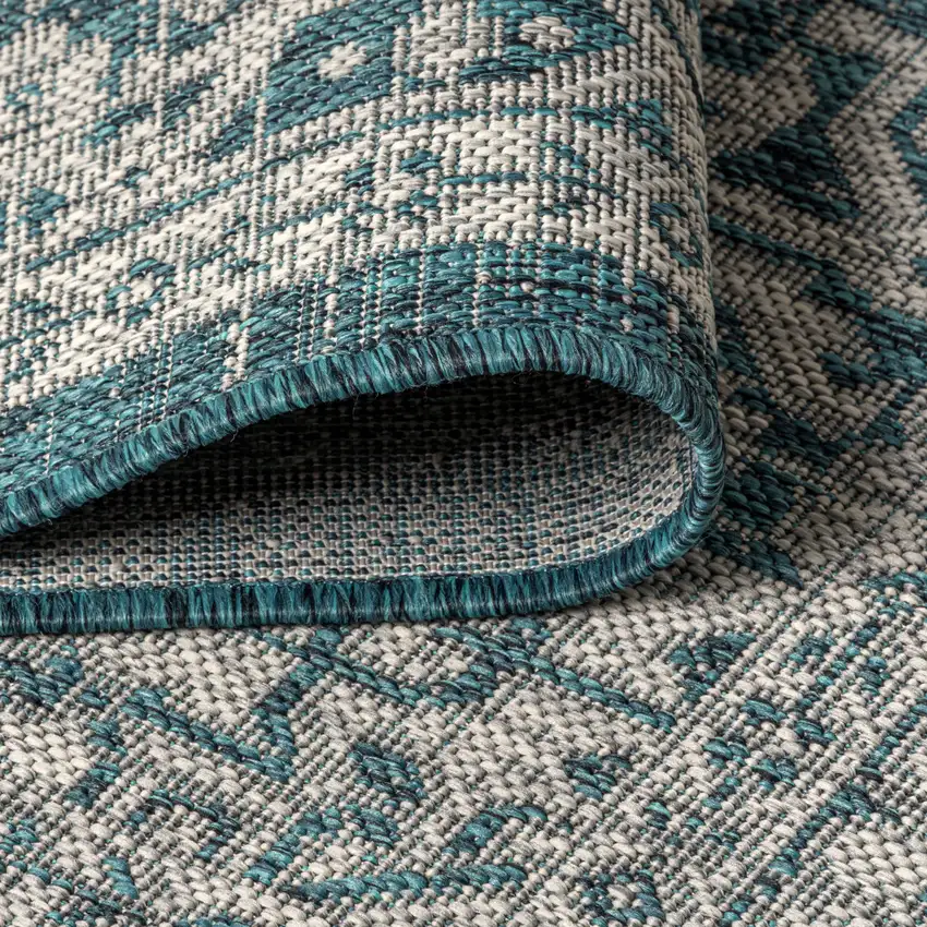 9' Teal Blue And Gray Square Medallion Indoor Outdoor Area Rug Photo 9