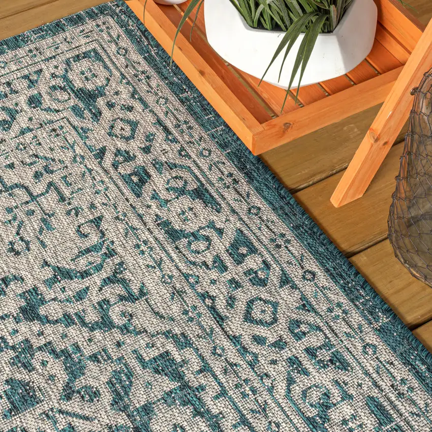 9' Teal Blue And Gray Square Medallion Indoor Outdoor Area Rug Photo 6