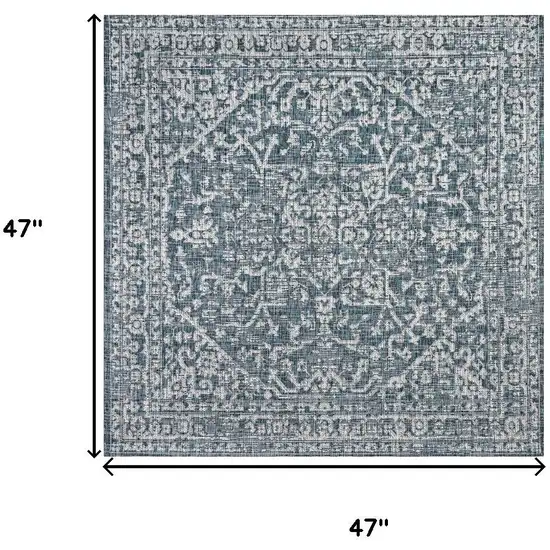 4' Teal Blue And Gray Square Medallion Indoor Outdoor Area Rug Photo 7