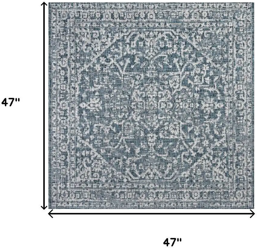 4' Teal Blue And Gray Square Medallion Indoor Outdoor Area Rug Photo 7