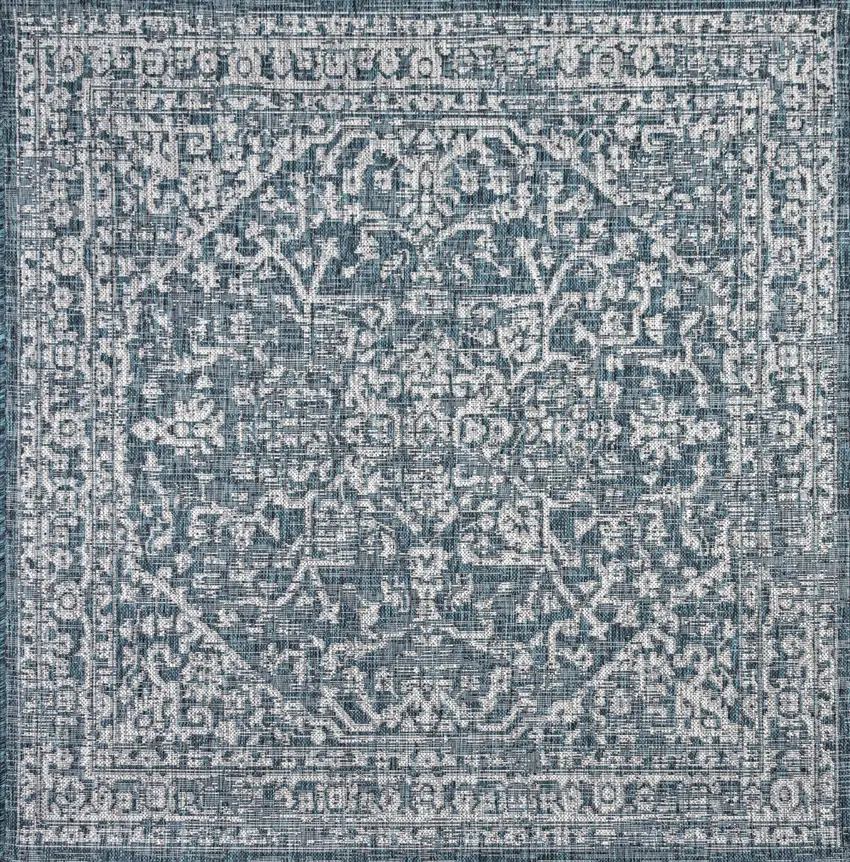 4' Teal Blue And Gray Square Medallion Indoor Outdoor Area Rug Photo 1