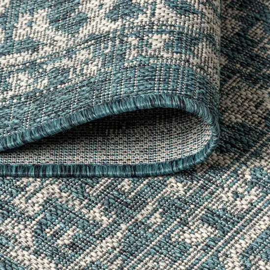 8' Teal Blue And Gray Square Medallion Indoor Outdoor Area Rug Photo 6