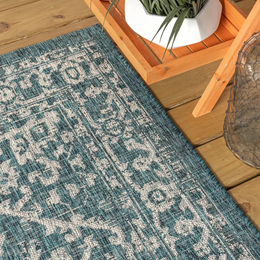 8' Teal Blue And Gray Square Medallion Indoor Outdoor Area Rug Photo 7