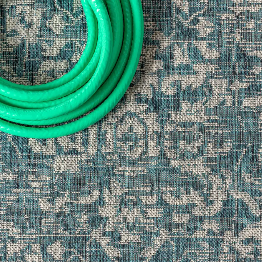 8' Teal Blue And Gray Square Medallion Indoor Outdoor Area Rug Photo 9