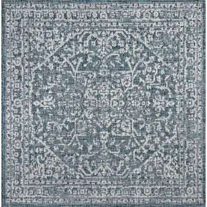 Photo of 8' Teal Blue And Gray Square Medallion Indoor Outdoor Area Rug