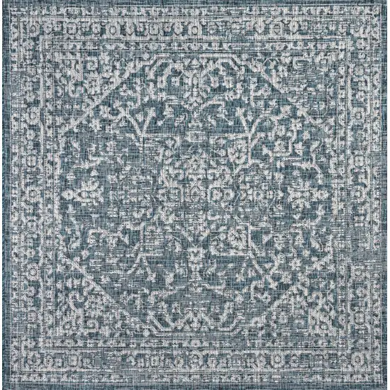 9' Teal Blue And Gray Square Medallion Indoor Outdoor Area Rug Photo 1