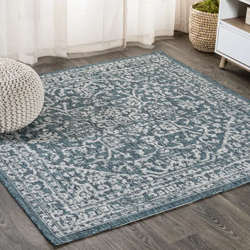 9' Teal Blue And Gray Square Medallion Indoor Outdoor Area Rug Photo 4