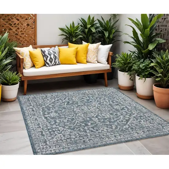 9' Teal Blue And Gray Square Medallion Indoor Outdoor Area Rug Photo 1