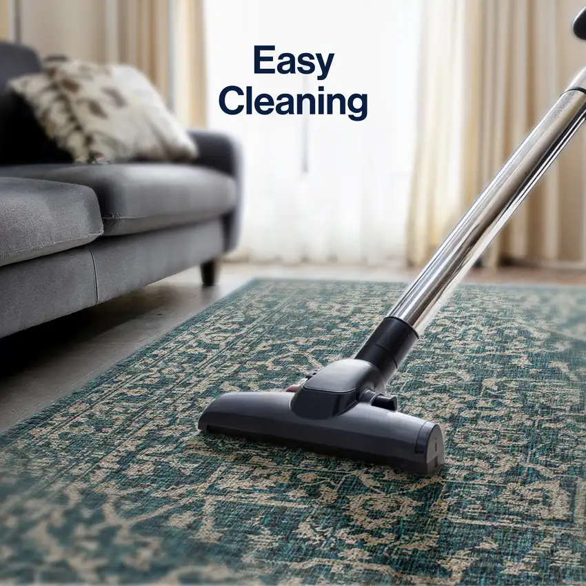 9' Teal Blue And Gray Square Medallion Indoor Outdoor Area Rug Photo 5