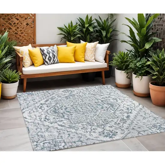 6' Teal Blue And Gray Square Medallion Indoor Outdoor Area Rug Photo 1