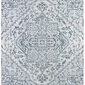 Photo of 8' Teal Blue And Gray Square Medallion Indoor Outdoor Area Rug