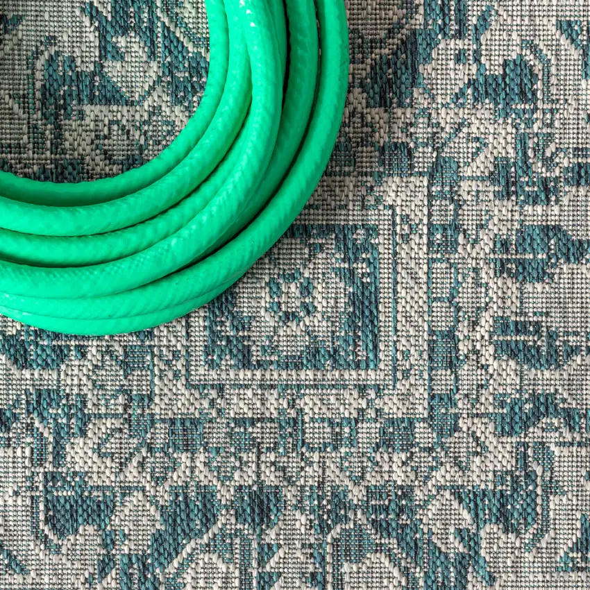9' Teal Blue And Gray Square Medallion Indoor Outdoor Area Rug Photo 9