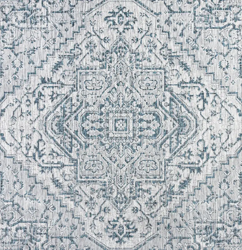 9' Teal Blue And Gray Square Medallion Indoor Outdoor Area Rug Photo 1