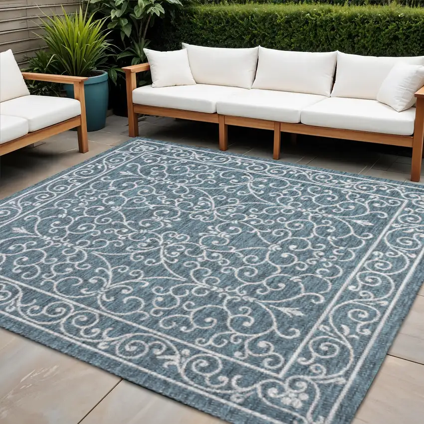 6' Teal Blue And Gray Square Medallion Indoor Outdoor Area Rug Photo 1