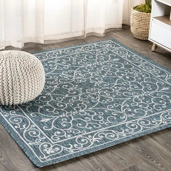 8' Teal Blue And Gray Square Medallion Indoor Outdoor Area Rug Photo 4