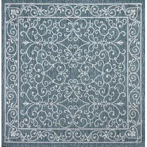 Photo of 8' Teal Blue And Gray Square Medallion Indoor Outdoor Area Rug