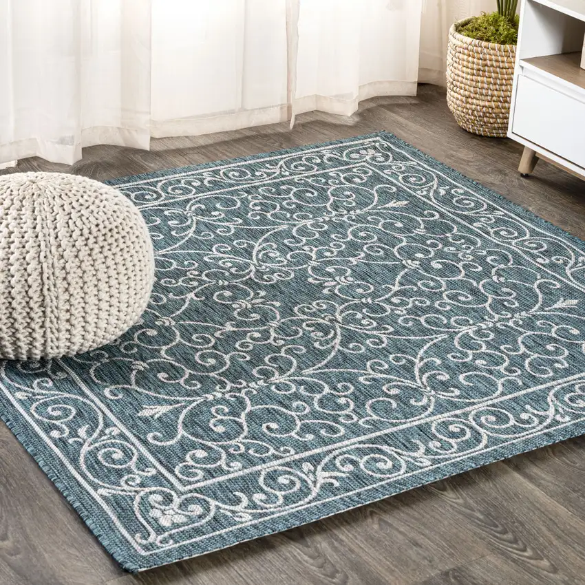 9' Teal Blue And Gray Square Medallion Indoor Outdoor Area Rug Photo 4