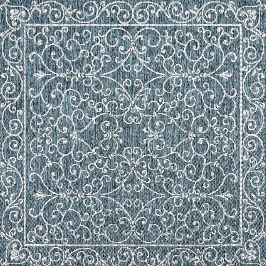 9' Teal Blue And Gray Square Medallion Indoor Outdoor Area Rug Photo 3