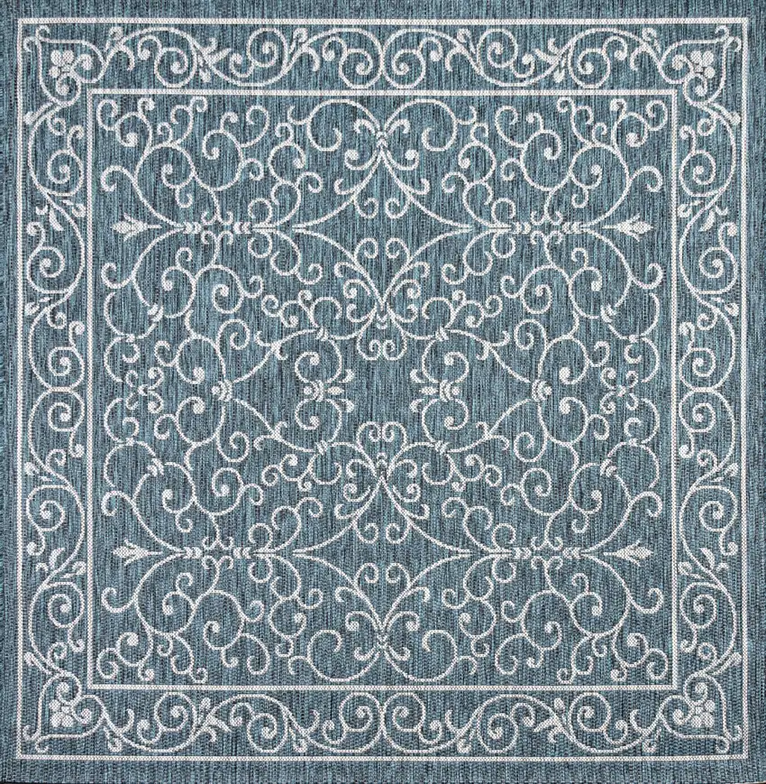 9' Teal Blue And Gray Square Medallion Indoor Outdoor Area Rug Photo 1